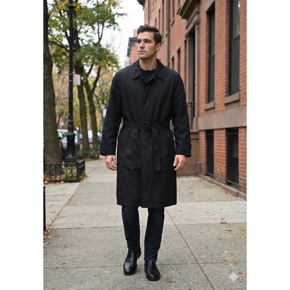 Stafford‎ Trench Coat Mens 42L Black Classic Timeless Minimalist Office Overcoat